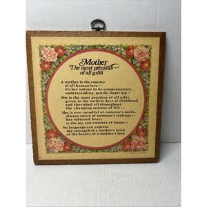 Vintage Mother Poem Wooden Wall Plaque Floral Paper Decoupaged USA made 1976